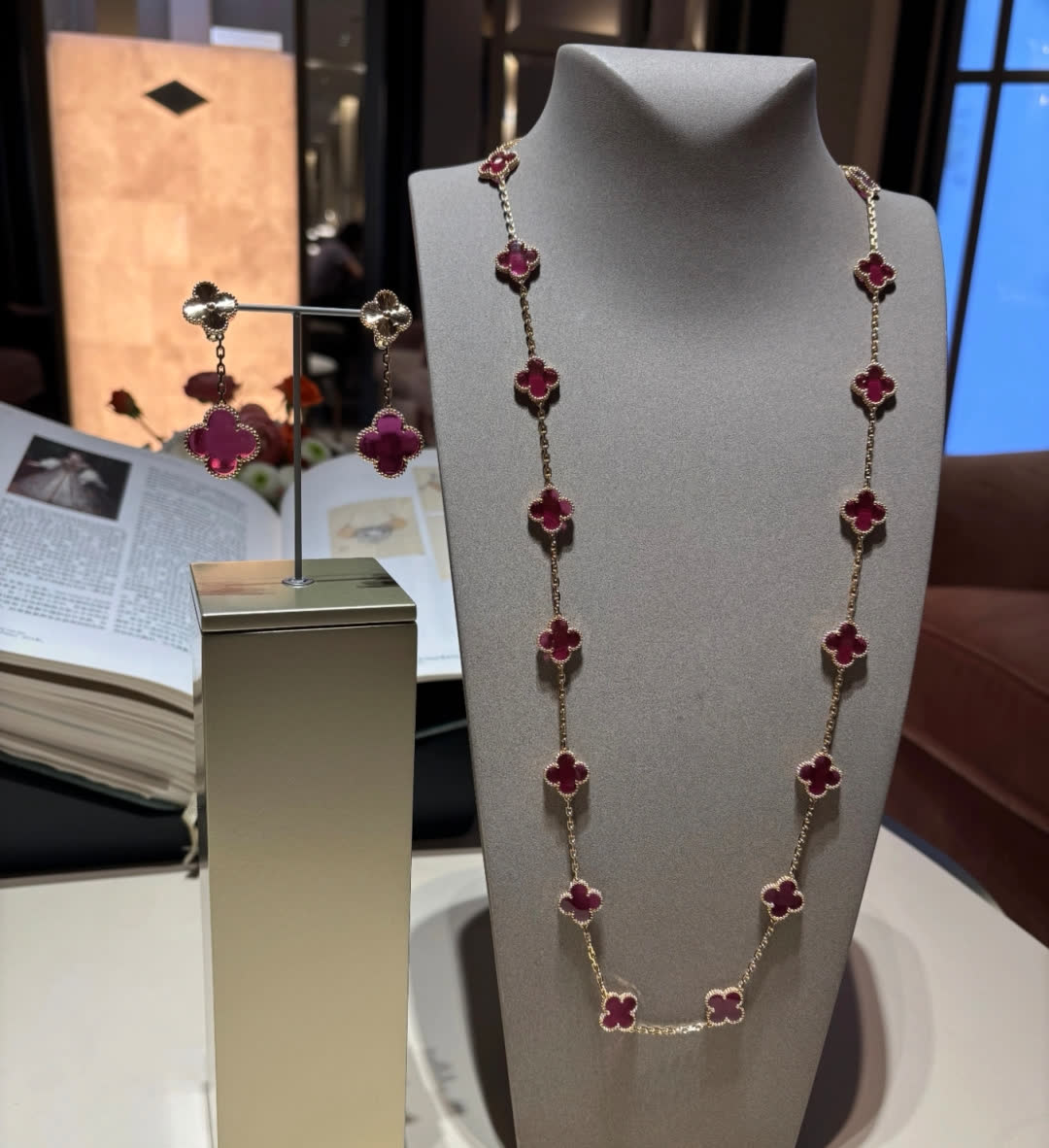 Van Cleef & Arpels Alhambra Pink Enamel Necklace and Earrings Set